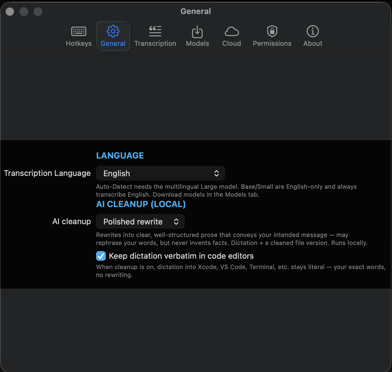 Dictation & Cleanup Preferences